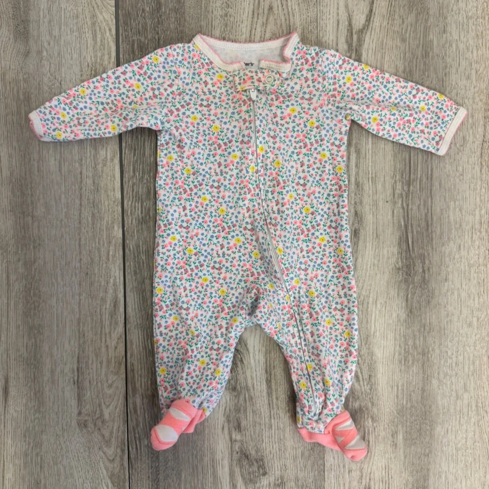 Carter's Pink and White Footies One Piece with Floral Design
